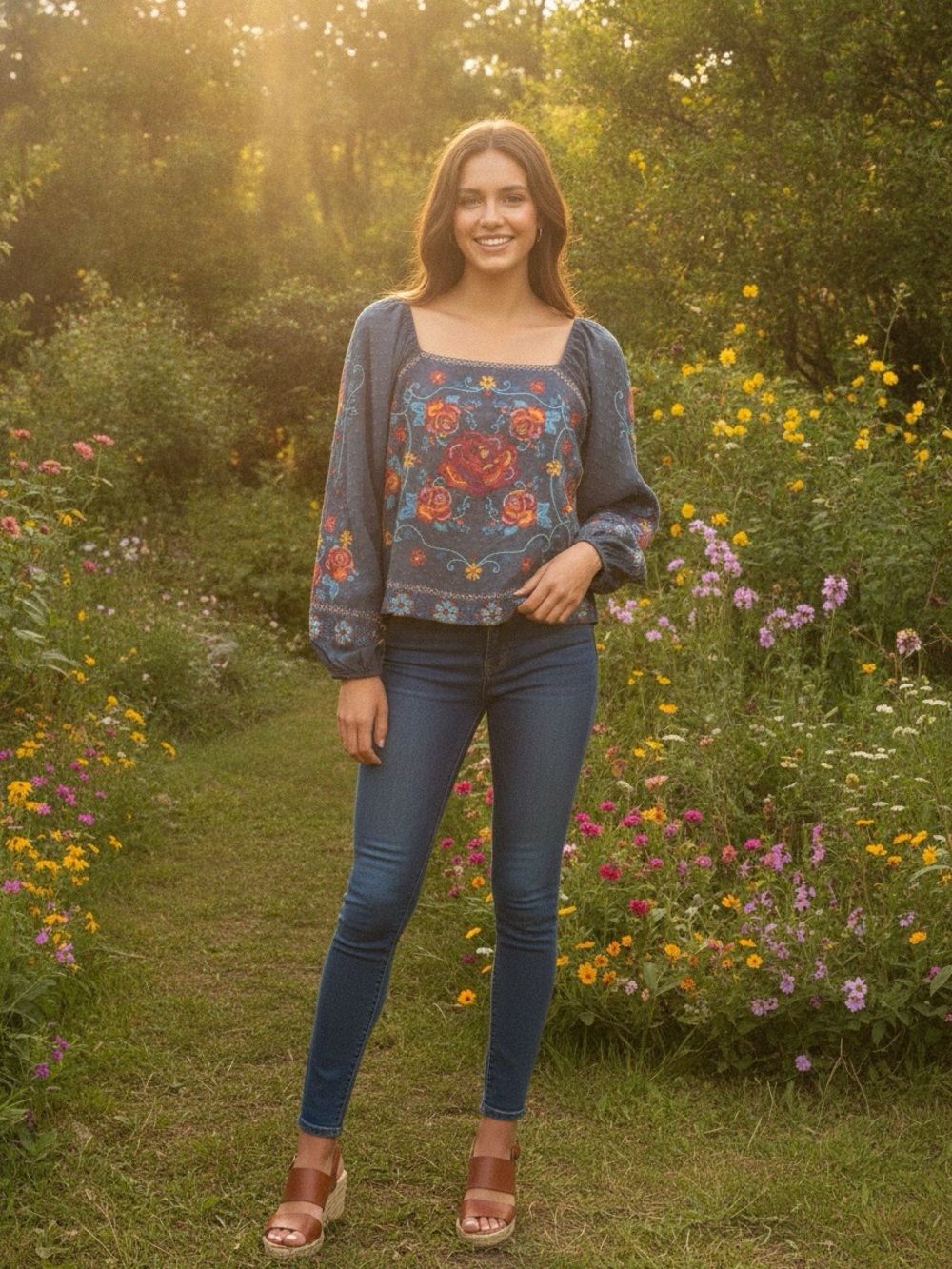 SAVANNA JANE Floral Embroidered Peasant Blouse
Size Medium
